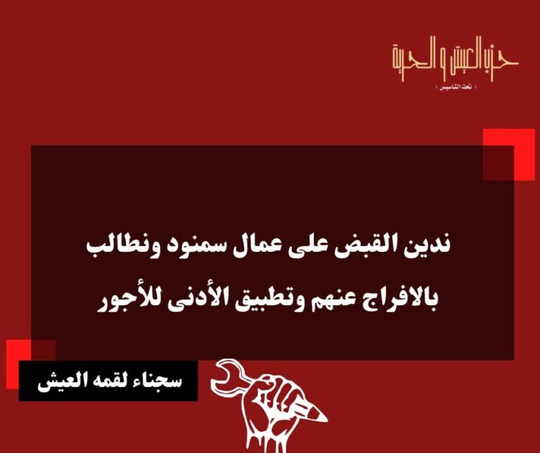 ندين القبض على عمال سمنود ونطالب بالإفراج عنهم وتطبيق الحد الأدنى للأجر